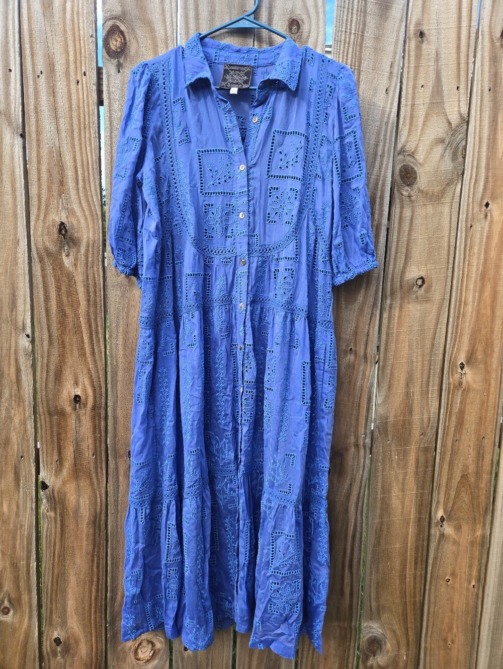 Johnny Was Periwinkle Eyelet Midi Shirt Dress